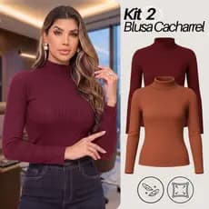 Kit 2 Blusa Feminina Cacharrel Gola Alta Manga Longa Segunda Pele Premium M ao GG