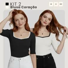 Kit 2 Blusa Feminina Decote Coração Manga Curta Tecido Anarruga Premium M ao GG