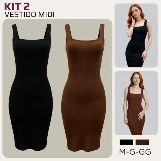 Kit 2 Vestido Tubinho Feminino Modelador Regata Liso Midi Alta Compressão M ao GG