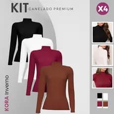 Kit C/ 4 Blusas Manga Longa Gola Alta Cacharrel Segunda Pele Inverno Canelado Premium