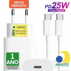 Carregador Turbo 25W para iPhone 15 16 17 Pro Max, para Samsung Galaxy, ANATEL e Cabo Tipo C 1 metro