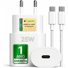 Carregador 25W para Iphone 15, 16 e 17, Samsung Galaxy A15 A35 A36 A55 A72 S23 S24 S25 S26 Carga Rápida + Cabo Tipo C