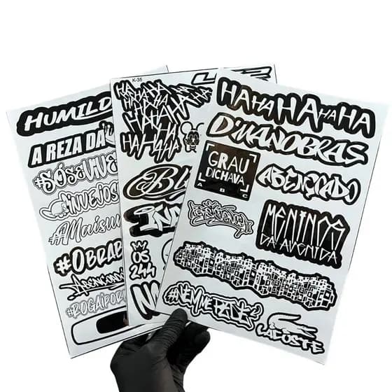 Kit 3 Cartelas Adesivos Vinil Laminado Preto e Branco 30x20cm à Prova D’Água, Não Desbota e Alto Brilho Moto Bike