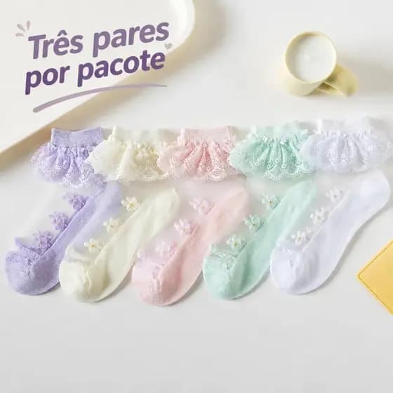 3-Pacote Meias De Cristal Meninas Renda Verão Malha Fina Branco Bebê Rendas Princesa Seda Gelo Infantis Algodão Puro