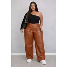 Calça Feminina Couro Fake Wide Leg Pantalona Sintético Zíper Botão Bolso Boa Modelagem