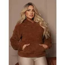 Casaco Peluciado Forrado Feminino Manga Longa Modelo Teddy Canguru