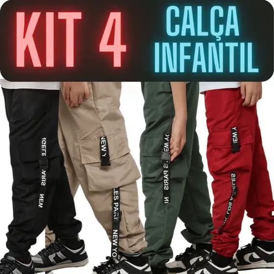 Kit 4 Calça Infantil Tactel Jogger Cargo Menino Juvenil 10 12 14 Anos Elastico Masculina Preta Verde