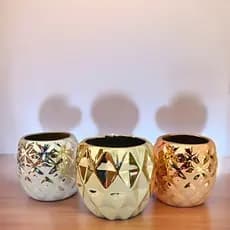 Enfeite Vaso Redondo em Cerâmica Com detalhes em 3d e Planta Rose Gold Dourado Prata