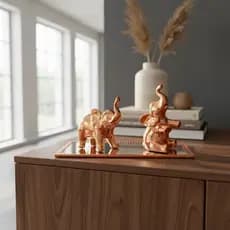 kit Conjunto 2 Elefantes e Bandeja Espelhada Rose Dourado Prata Decoração Elegante Coisas  Para Casa