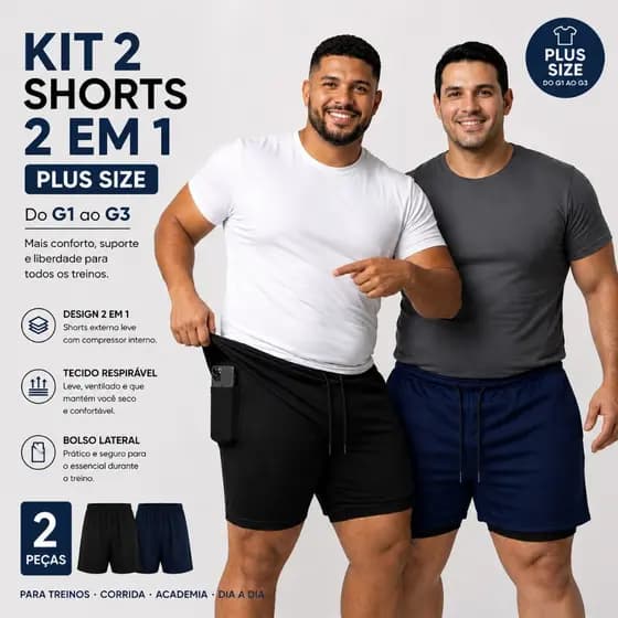 Kit 2 Shorts 2 em 1 PLUS SIZE Masculino G1 ao G3 Academia Corrida Treino