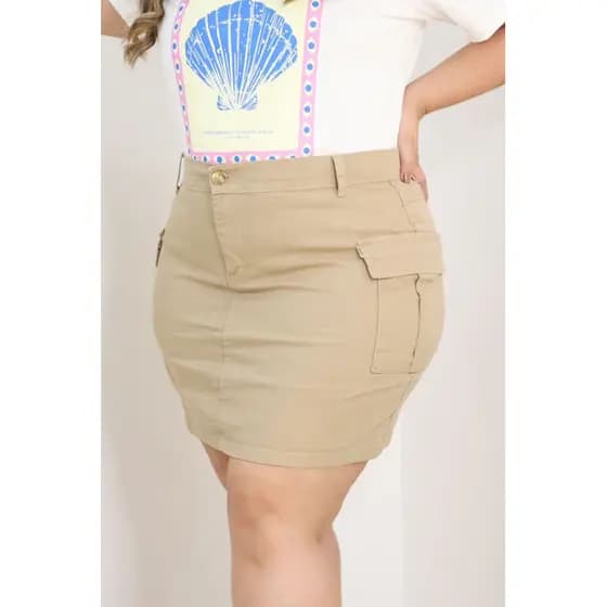 SAIA CARGO BEGE PLUS SIZE CINTURA ALTA COM LYCRA DO 46 AO 54 MODA BLOGUEIRA