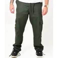 CALÇA CARGO VERDE ESCURO  JEANS E SARJA UNISSEX LARGA 6 BOLSOS CORDÃO PARA AMARRAR DO P AO GG