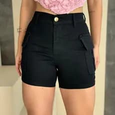 SHORTS CARGO PRETO SARJA FEMININO CINTURA ALTA MODELA BUMBUM LINHA PREMIUM BOLSOS LATERAIS FASHION