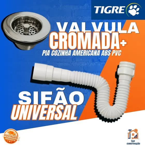 Sifão sanfonado Ajustavel Tigre 66cm + Valvula Pia Cozinha Americana ABS PVC Cromado