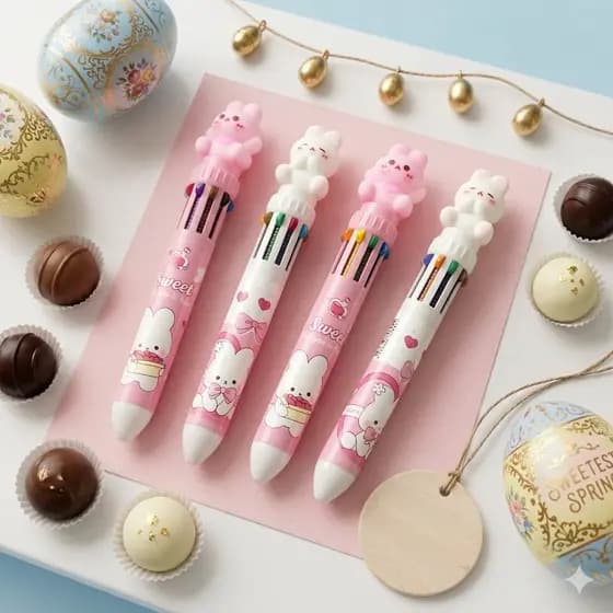 Kit 2/6/8 Canetas Esferográficas 10 em 1 Multicoloridas 10 cores Coelhinho Fofa Páscoa Kawaii