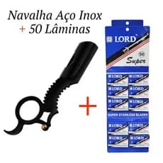 Navalhete Profissional Reta Clássica Para Barbeiro Navalha De Dedo Preta + 50 Lâminas