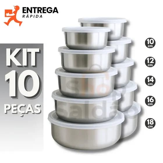 Kit 10 Tigelas Inox com Tampa Potes Redondos do 10cm ao 18cm Jogo de Pote Hermético Cozinha Marmita
