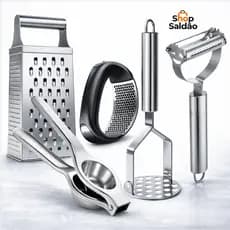 Kit Utensílios Inox 3 ou 5 Peças – Amassador, Espremedor, Descascador e Mais (Escolha a Variação)