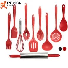 Kit 10 Utensílios de Silicone Cozinha Jogo Completo Espátula Concha Pincel Colher Antiaderente