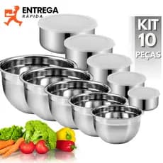Kit 10 Peças Inox: 5 Bowls Empilháveis + 5 Tigelas com Tampa Hermética – Cozinha Premium