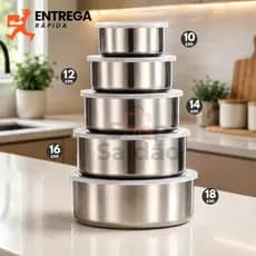 Kit 5 Tigelas Inox Com Tampa Potes Redondos 285ml a 1430ml Jogo de Pote Hermético Cozinha