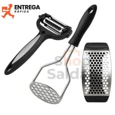 Kit 3 Utensílios para Cozinha Triturador de Alho Cortador de Legumes Amassador de Batata Inox