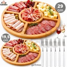 Petisqueira Redonda Frios Queijo Encaixe Ramekin Garfinhos Gamela de Bambu Kit 8 ou 7 Peças