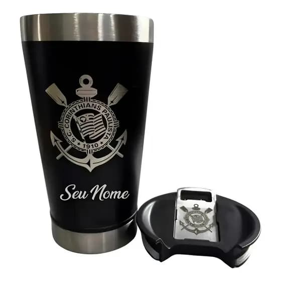 Copo Térmico Corinthians Personalizado a Laser Escudo no Abridor (Abridor c/ personalização)