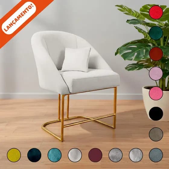 Poltrona Decorativa Para Sala Lua Base de Ferro Dourada Com e Sem Almofada Suede Aninha Decor