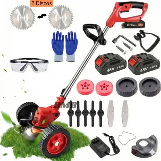 Roçadeira Aparador Cortador De Grama Elétrico Recarregável Com Rodas 2 Baterias de Lítio KIT COMPLETO