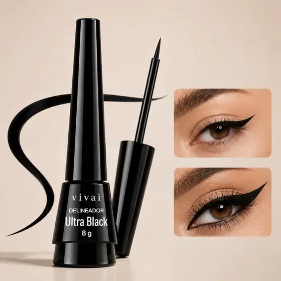 Delineador Líquido Vivai Ultra Black 8g Preto Intenso Longa Duração Secagem Rápida Pincel Fino Profissional Ri Mel