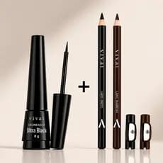 Kit Delineador Líquido e 2 Lápis de Olho Preto e Marrom Vivai Ultra Black Longa Duração Alta Pigmentação Profissional