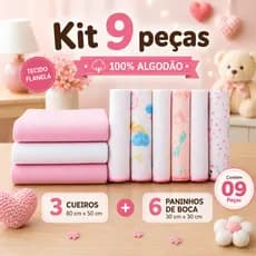 Kit 9 Peças Cueiro Flanelado e Paninhos de Boca Bebê 100% Algodão Enxoval Infantil Manta Charutinho Menino Menina Babete