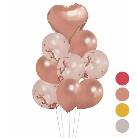 Kit 9 Bexiga Metalizada Buque Coração Rose Gold Prata Decoração Festa