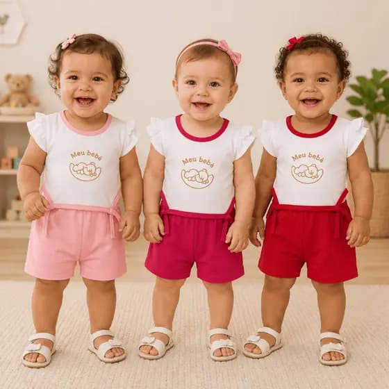 Kit 3 Conjuntos Bebê Menina Calça Shorts Blusa Algodão Roupa Infantil 2 3 4 5 6 Meses Rosa