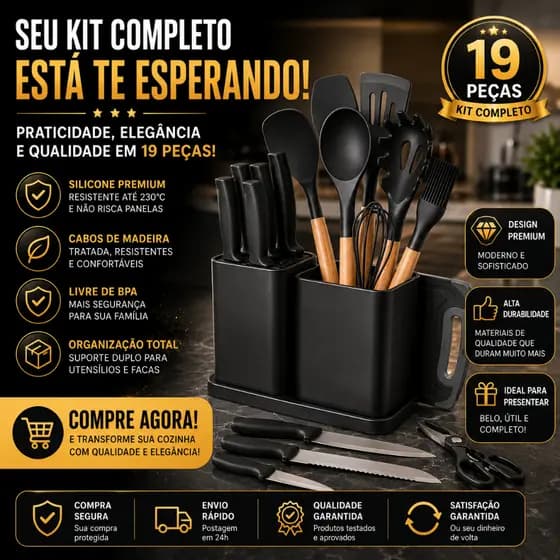 Kit Utensílios de Cozinha 19 Peças Silicone Cabo de Madeira com Facas Tábua e Suporte Organizador