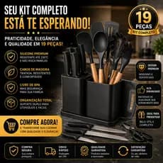 Kit Utensílios de Cozinha 19 Peças Silicone Cabo de Madeira com Facas Tábua e Suporte Organizador