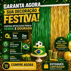 Cortina Metalizada Verde e Dourada 1x2m Franja Festa Brasil Painel Aniversário Decoração Foto