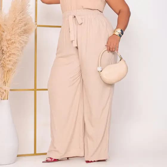 Calça Pantalona Feminina Duna Cintura Alta Wide Leg Elastico Lisa