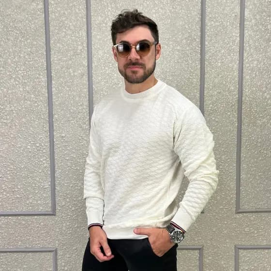 Suéter Masculino Tricô Gola Redonda Texturizado Manga Longa Premium Inverno