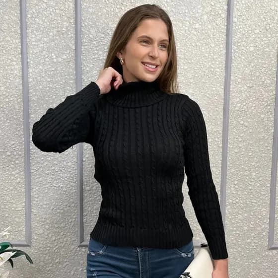 Blusa de Frio Feminina Tricô Gola Alta Manga Longa Trançada Inverno