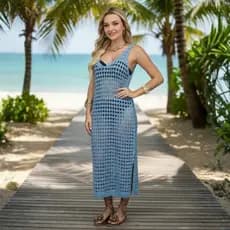 Vestido Saída De Praia Feminina Longo Tricô Fenda Lateral Moda Verão