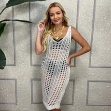 Vestido Saída De Praia Feminino Tricô Crochê Fenda Moda Verão
