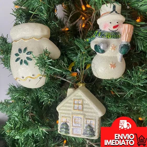 Enfeite Pendente de Natal Branco Off White Boneco de Neve Casa Papai Noel Luva