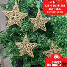 Kit 4 Enfeites de Natal Estrela Árvore de Natal Decoração Natalina Pendente Natalino Brilho Glitter