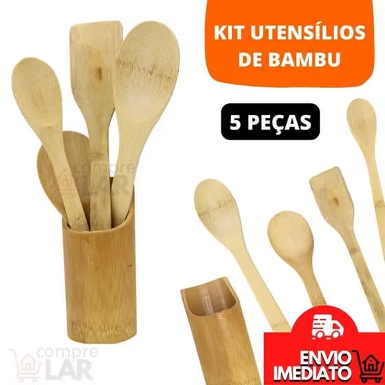 Kit 5 Utensílios Para Cozinha Bambu Colher de Pau Colheres De Cozinhar Servir