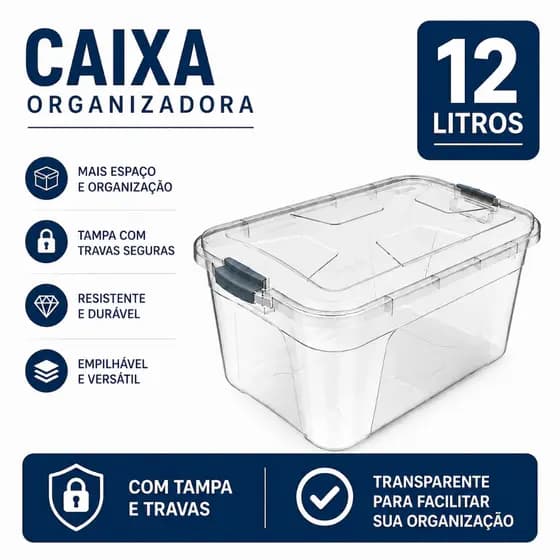 Caixa Organizadora 12 Litros Transparente Com Travas e Tampa - Uninjet