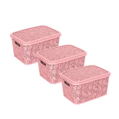 Kit Com 3 Caixas Organizadoras Renda Floral 2,2 Litros Com Tampa - Rosa
