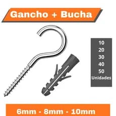 Kit de Gancho Aberto Zincado  e Bucha para Fixação de 6, 8 ou 10 mm