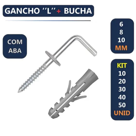 Kit Escápula Gancho Tipo L com Aba Zincado e Bucha para Fixação 6, 8 ou 10mm